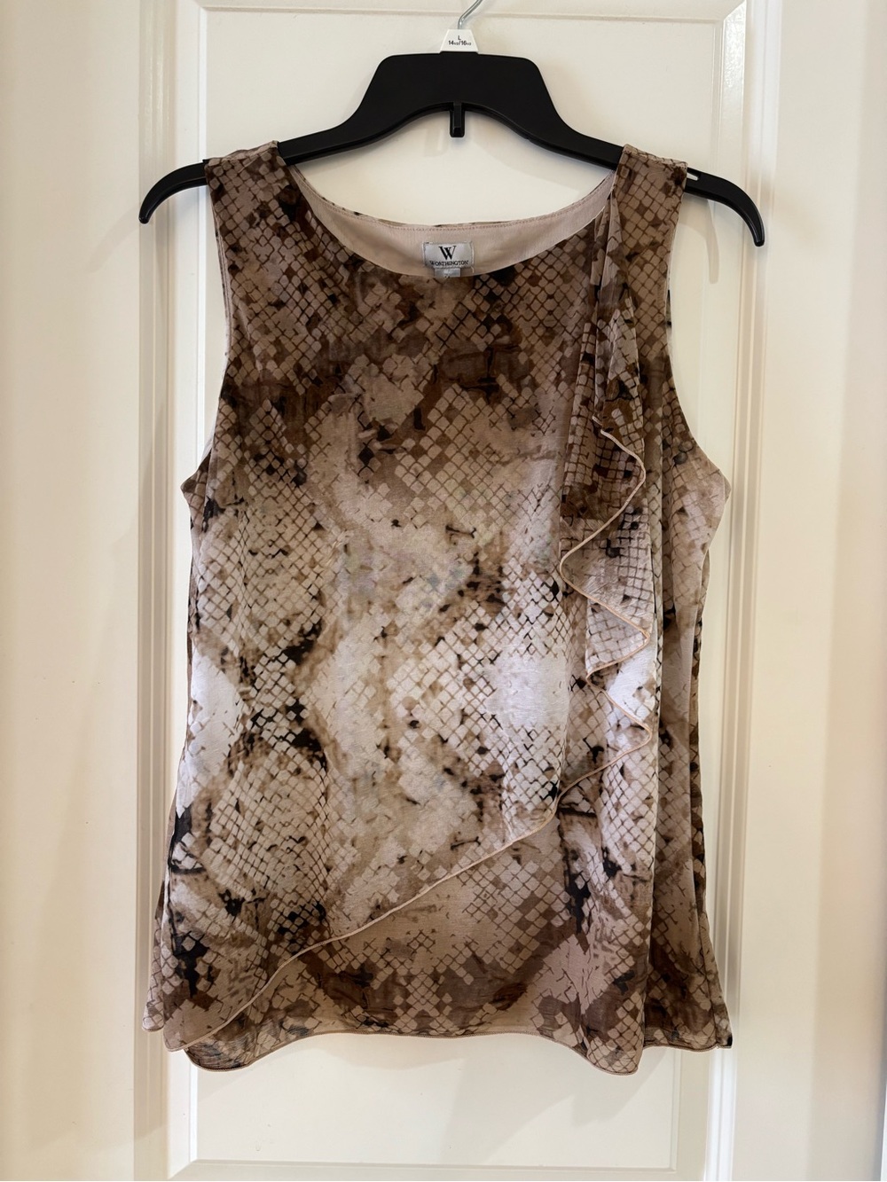 Worthington Beige Snake Print Ruffle Sleeveless Top Medium